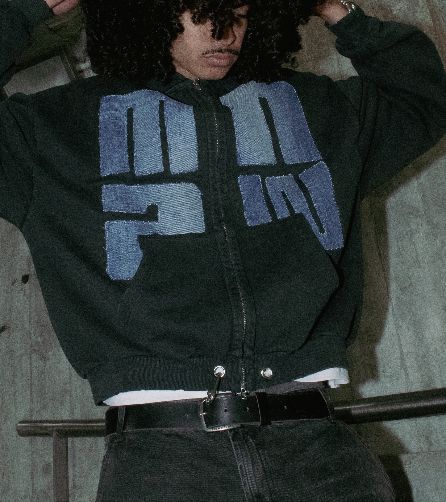 Upcycled Denim Oversized Zip-Up Hoodie