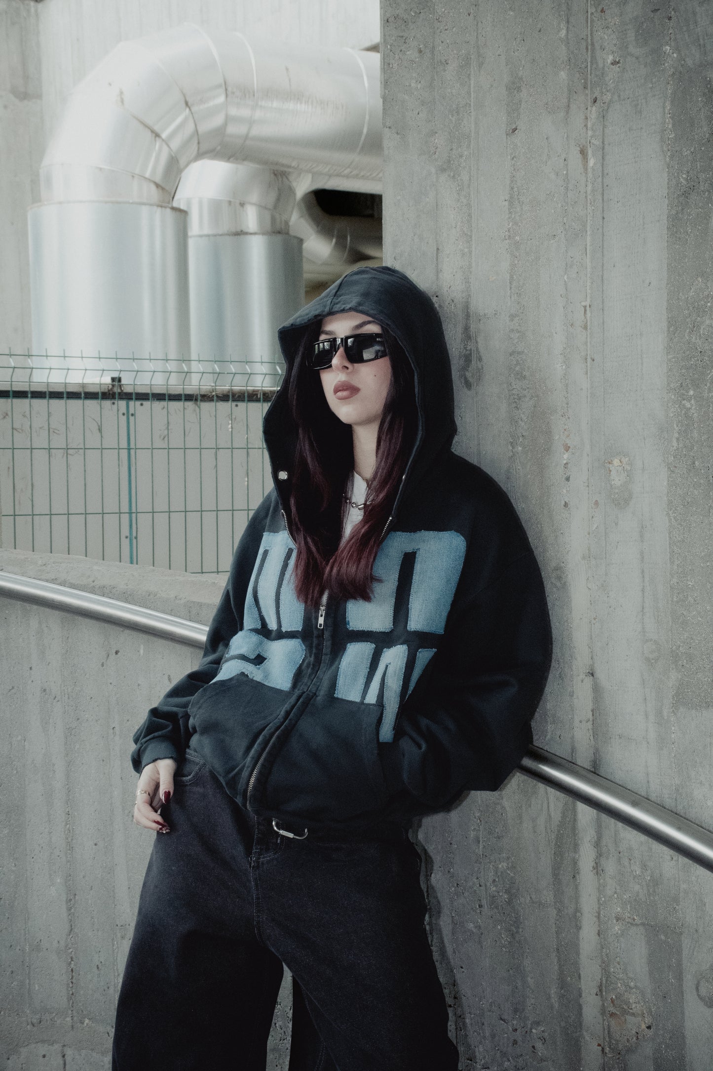Upcycled Denim Oversized Zip-Up Hoodie