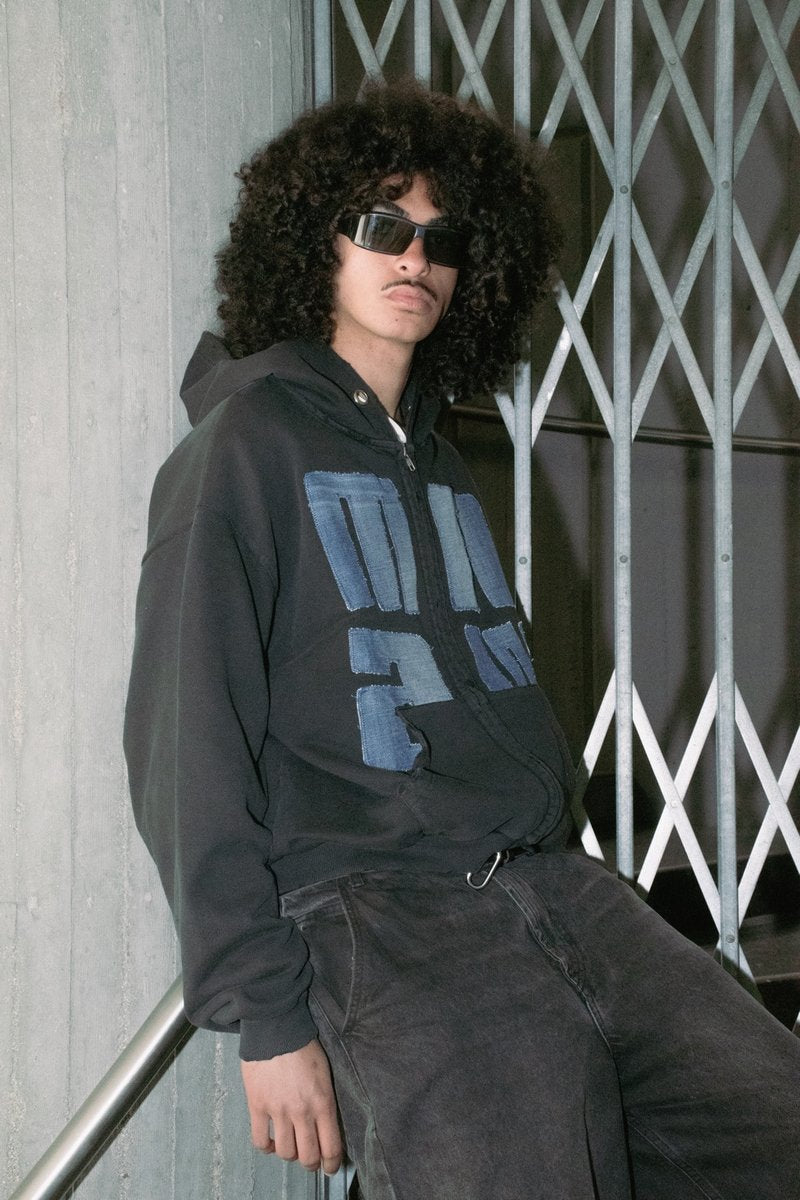 Upcycled Denim Oversized Zip-Up Hoodie