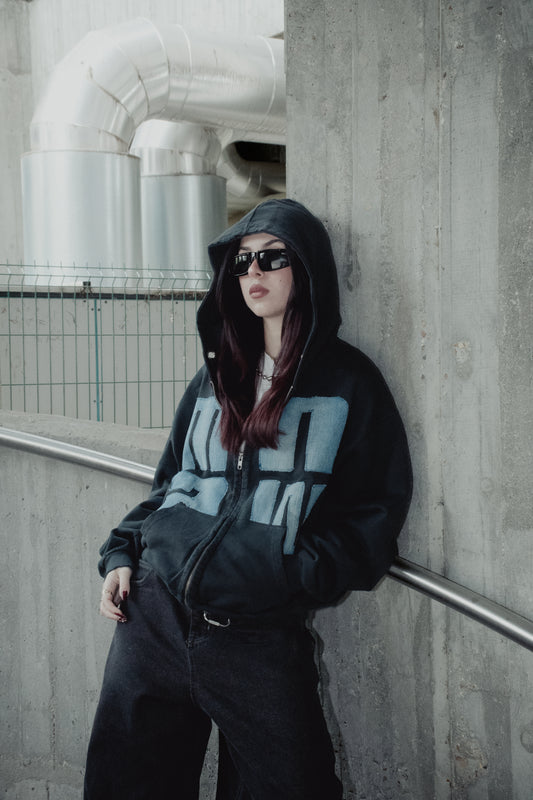 Upcycled Denim Oversized Zip-Up Hoodie