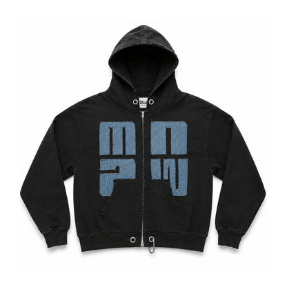 Upcycled Denim Oversized Zip-Up Hoodie