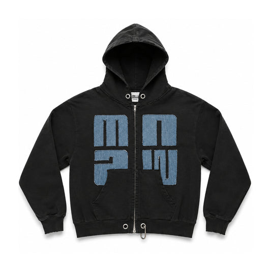 Upcycled Denim Oversized Zip-Up Hoodie
