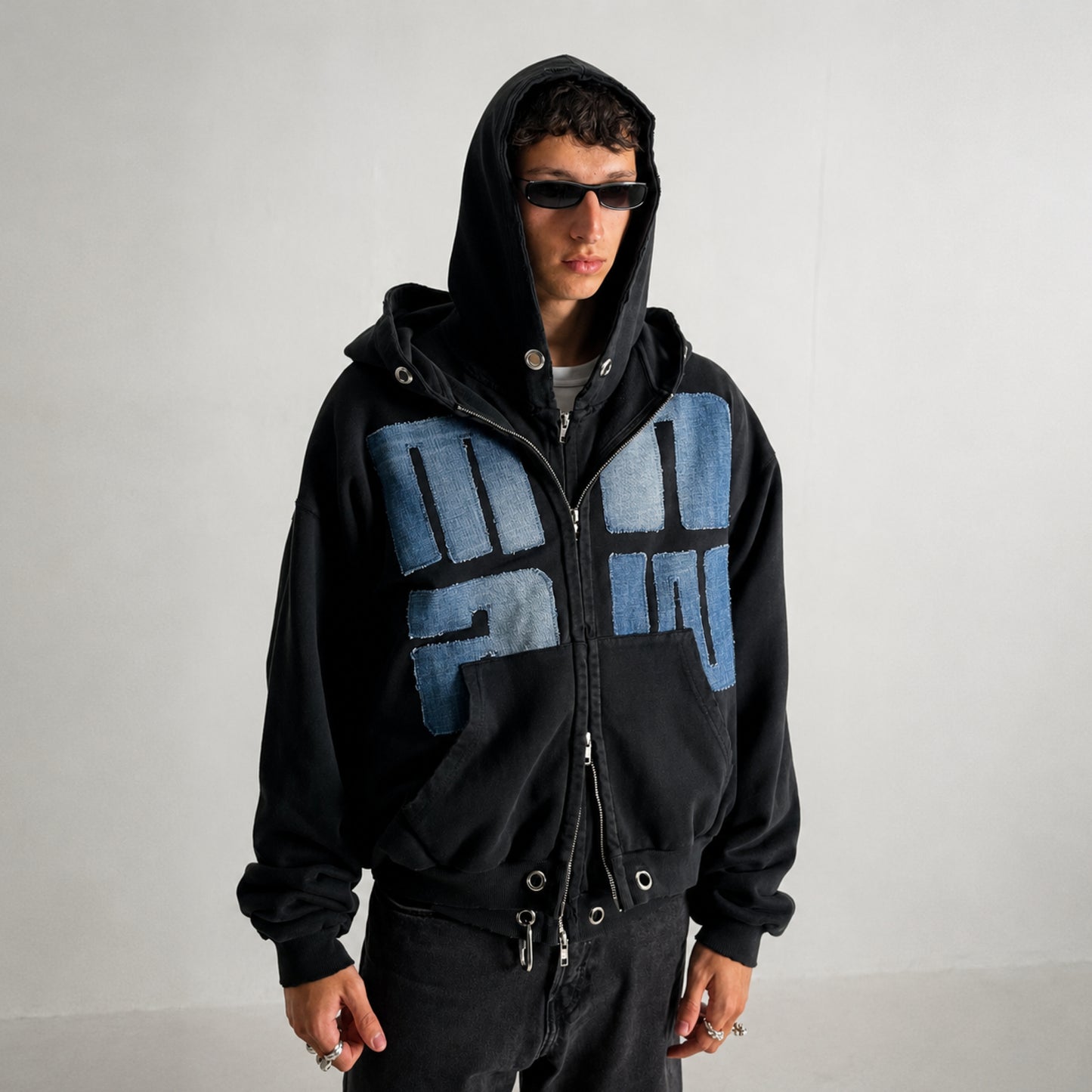 Upcycled Denim Oversized Zip-Up Hoodie